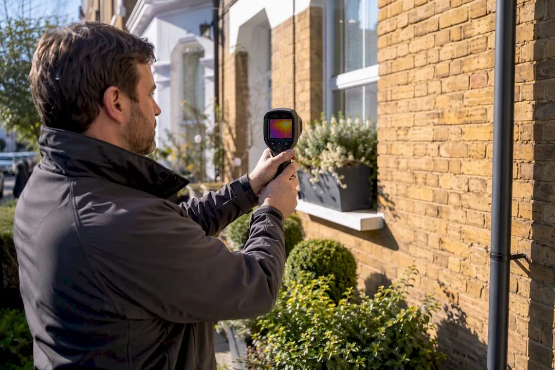 Energy assessor scanning house exterior with thermal camera